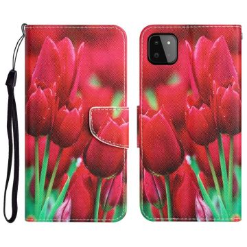 For Samsung Galaxy A22 5G Colored Drawing Leather Phone Case(Tulips)