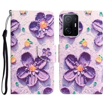 For Xiaomi 11T Colored Drawing Leather Phone Case(Purple Flower)