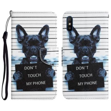 For Xiaomi Redmi 9A Colored Drawing Leather Phone Case(Black Dog)