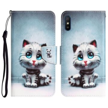 For Xiaomi Redmi 9A Colored Drawing Leather Phone Case(Blue Eyes)