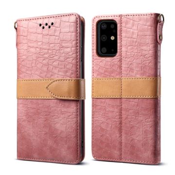 For Galaxy S20 Plus Splicing Color Crocodile Texture PU Horizontal Flip Leather Case with Wallet & Holder & Card Slots & Lanyard(Pink)