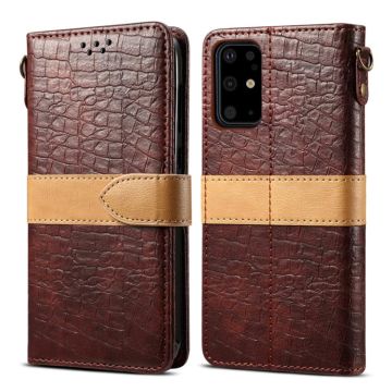 For Galaxy S20 Plus Splicing Color Crocodile Texture PU Horizontal Flip Leather Case with Wallet & Holder & Card Slots & Lanyard(Brown)