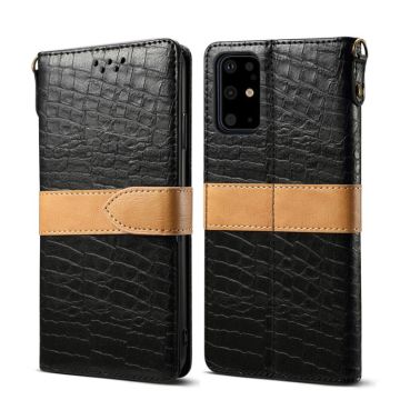 For Galaxy S20 Plus Splicing Color Crocodile Texture PU Horizontal Flip Leather Case with Wallet & Holder & Card Slots & Lanyard(Black)