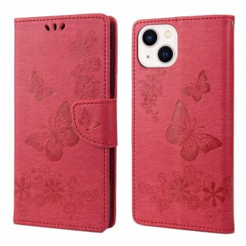 For iPhone 14 Plus Butterfly Embossed Horizontal Flip Leather Phone Case (Red)