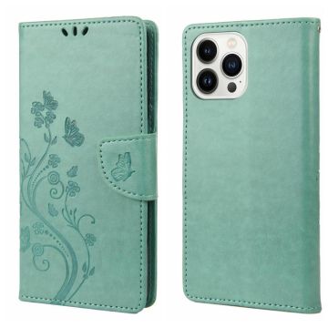 For iPhone 14 Pro Butterfly Flower Pattern Flip Leather Phone Case(Green)