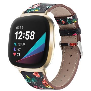For Fitbit Versa 4 / Sense 2 Round Tail Genuine Leather Watch Band(Black Red Flower)