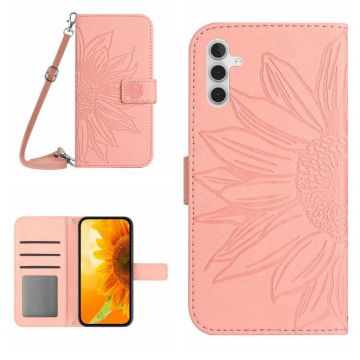 For Samsung Galaxy A13 5G Skin Feel Sun Flower Pattern Flip Leather Phone Case with Lanyard(Pink)