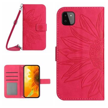 For Samsung Galaxy A22 5G Skin Feel Sun Flower Pattern Flip Leather Phone Case with Lanyard(Rose Red)