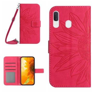 For Samsung Galaxy A30/A20/M10S Skin Feel Sun Flower Pattern Flip Leather Phone Case with Lanyard(Rose Red)