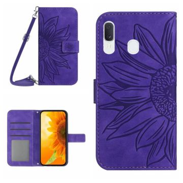 For Samsung Galaxy A30/A20/M10S Skin Feel Sun Flower Pattern Flip Leather Phone Case with Lanyard(Dark Purple)