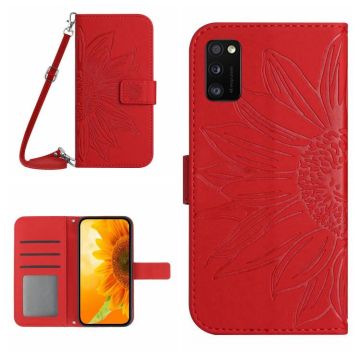 For Samsung Galaxy A41 EU Edition Skin Feel Sun Flower Pattern Flip Leather Phone Case with Lanyard(Red)