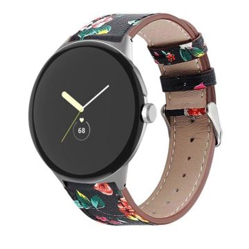 For Google Pixel Watch 1 / 2 / 3 41mm Round Tail Genuine Leather Watch Band(Black Red Flower)