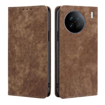 For vivo X90 RFID Anti-theft Brush Magnetic Leather Phone Case(Brown)