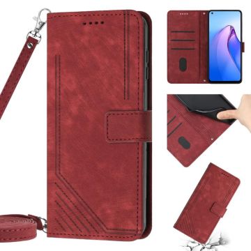 For OPPO A15 / A15s / A35 Skin Feel Stripe Pattern Leather Phone Case with Lanyard(Red)