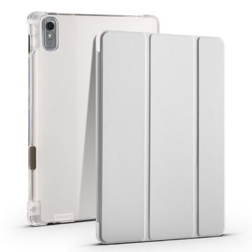 For Lenovo Pad Plus 2023 11.5 inch 3-fold Clear TPU Leather Tablet Case with Pen Slot(Space Grey)