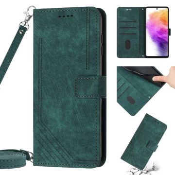 For Samsung Galaxy A03s 164mm Skin Feel Stripe Pattern Leather Phone Case with Lanyard(Green)