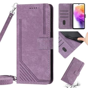 Skin Feel Stripe Pattern Leather Phone Case with Lanyard for Samsung Galaxy A22 4G / M32 4G Global / M32 4G India / F22 / M22(Purple)