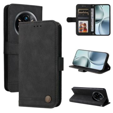 For Realme 14 Pro+ Global Skin Feel Life Tree Metal Button Leather Phone Case(Black)