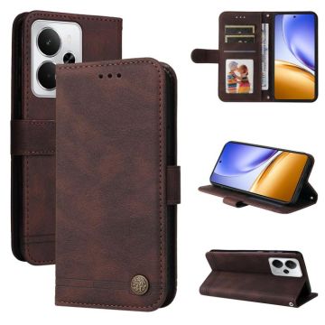 For Realme 14 Global Skin Feel Life Tree Metal Button Leather Phone Case(Brown)