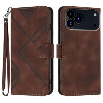 For iPhone 17 Pro Line Pattern Skin Feel Leather Phone Case(Coffee)