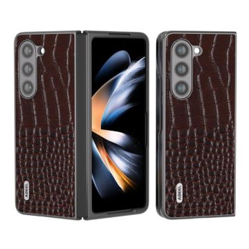 For Samsung Galaxy Z Fold5 ABEEL Genuine Leather Crocodile Pattern Black Edge Phone Case(Coffee)