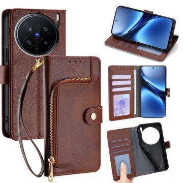 For vivo X200 Pro 5G Zipper Bag Leather Phone Case(Brown)