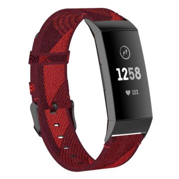 For Fitbit Charge 4 / Charge 3 / Charge 3 SE Stainless Steel Head Grain Nylon Denim Replacement Strap Watchband(Red Stripe)