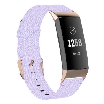 For Fitbit Charge 4 / Charge 3 / Charge 3 SE Stainless Steel Head Grain Nylon Denim Replacement Strap Watchband(Light Purple)