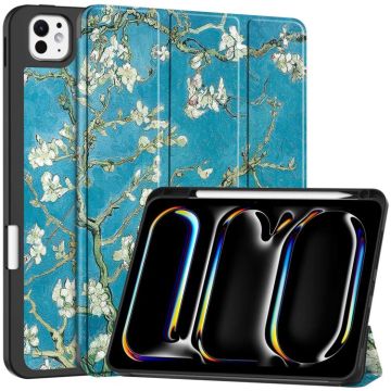 For iPad Pro 11 2024 Custer Painted 3-Fold Holder Smart Leather Tablet Case with Pen Tray(Apricot Flower)