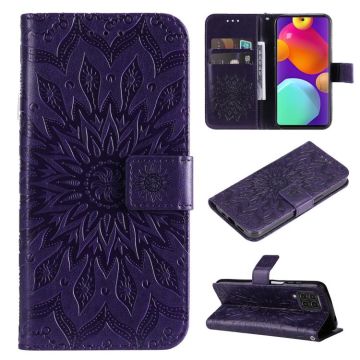 For Samsung Galaxy M62 / F62 Embossed Sunflower Pattern Flip Leather Phone Case(Purple)