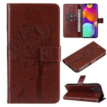 For Samsung Galaxy M62 / F62 Tree & Cat Embossed Pattern Flip Leather Phone Case(Coffee)