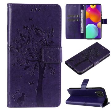 For Samsung Galaxy M62 / F62 Tree & Cat Embossed Pattern Flip Leather Phone Case(Purple)