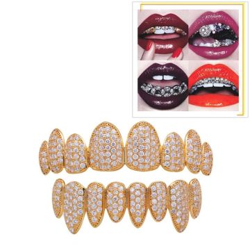 Hip Hop Braces Inlaid With Zircon, Eight Teeth Inlaid With Drill, Upper And Lower Dentures Set COS Props(Gold)