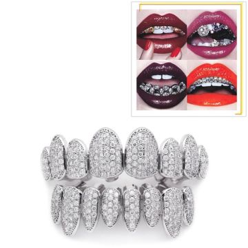 Hip Hop Braces Inlaid With Zircon, Eight Teeth Inlaid With Drill, Upper And Lower Dentures Set COS Props(Silver)