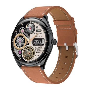 MT55 1.43 inch AMOLED HD Screen Ultra-thin Smart Call Health Watch, Leather Strap(Black Brown)