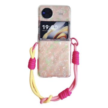 For vivo X Flip Pearlescent Shell Texture Side Buckle Phone Case with Rainbow Bracelet(Pink Green)