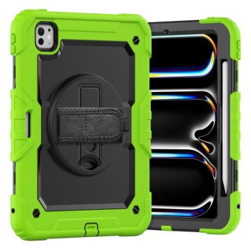 For iPad Pro 11 2024 Silicone Hybrid PC Tablet Case with Shoulder Strap(Black + Yellow Green)