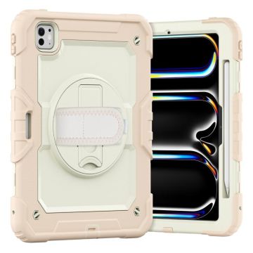 For iPad Pro 11 2024 Silicone Hybrid PC Tablet Case with Shoulder Strap(Beige + Rose Gold)