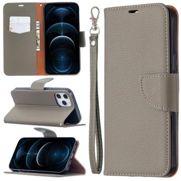 For iPhone 12 Pro Max Litchi Texture Pure Color Horizontal Flip Leather Case with Holder & Card Slots & Wallet & Lanyard(Grey)
