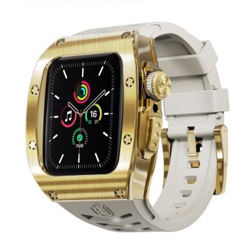 For Apple Watch 44mm / 45mm RedPepper Armor Metal Case Integrated Silicone Watch Band(Gold White)