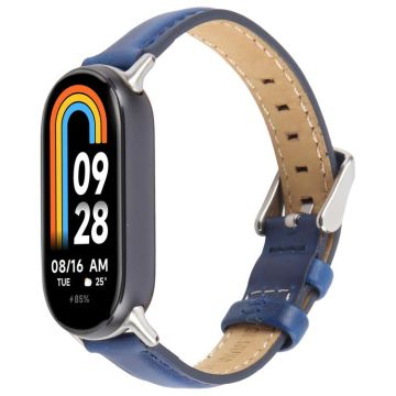 For Xiaomi Smart Band 9 / 8 Silver Metal Connector Genuine Leather Watch Band(Blue)