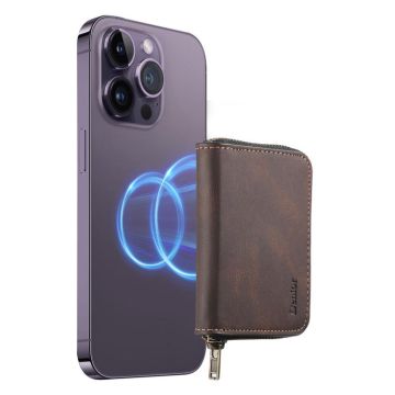 Denior V17 Skin Feel MagSafe RFID Zipper Wallet Card Bag Case(Brown)