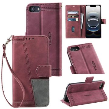 For iPhone 16e TTUDRCH Embossed Line Splicing Leather Phone Case(Wine Red)