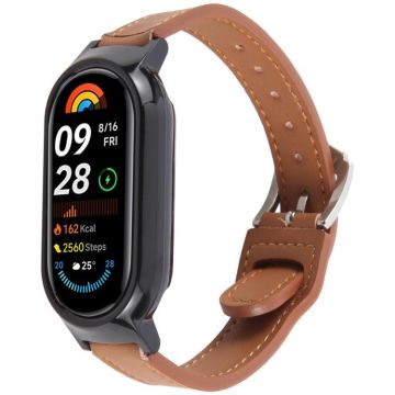 For Xiaomi Smart Band 9 PC Case Integrated Microfiber Leather Watch Band(Black+Brown)