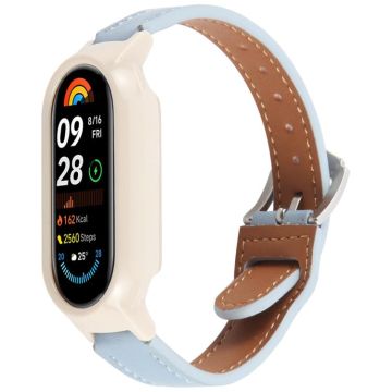 For Xiaomi Smart Band 9 PC Case Integrated Microfiber Leather Watch Band(Beige+Blue)