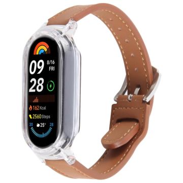 For Xiaomi Smart Band 9 PC Case Integrated Microfiber Leather Watch Band(Transparent+Brown)