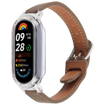 For Xiaomi Smart Band 9 PC Case Integrated Microfiber Leather Watch Band(Transparent+Coffee)