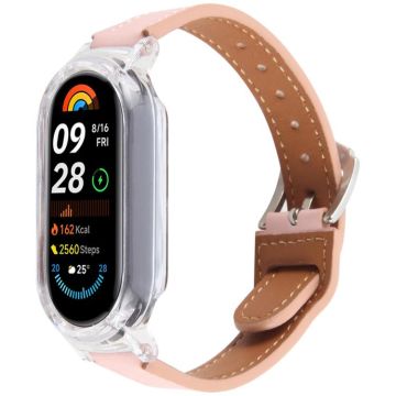 For Xiaomi Smart Band 9 PC Case Integrated Microfiber Leather Watch Band(Transparent+Pink)