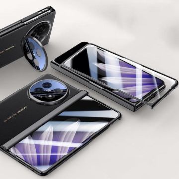 For OPPO Find N5 HD Integrated Electroplating Leather Hinge Lens Holder Phone Case(Black)