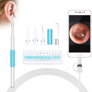 i95 3 in 1 USB Ear Scope Inspection HD 0.3MP Camera Visual Ear Spoon for OTG Android Phones & PC & MacBook, 1.75m Length Cable (White Blue)